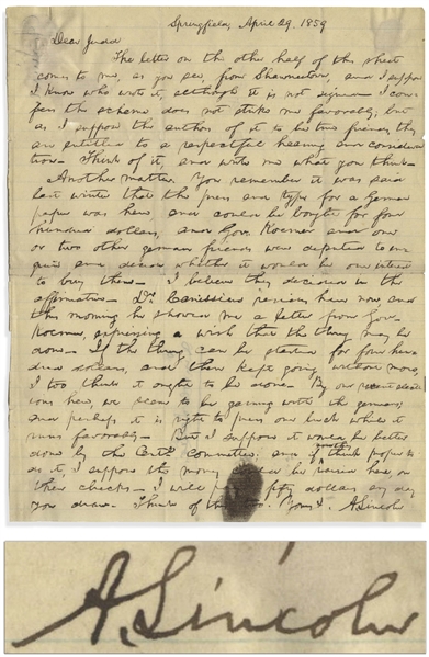 Abraham Lincoln Autograph Letter Signed to His 1860 De Facto Campaign Manager Norman Judd -- In 1859, Lincoln Writes About Shoring Up the German Vote by Buying a Printing Press to Market to Them